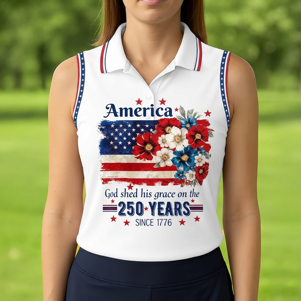 Golf Polo Shirt for Women, America 250 Floral Flag Design, Unique Golf Gift