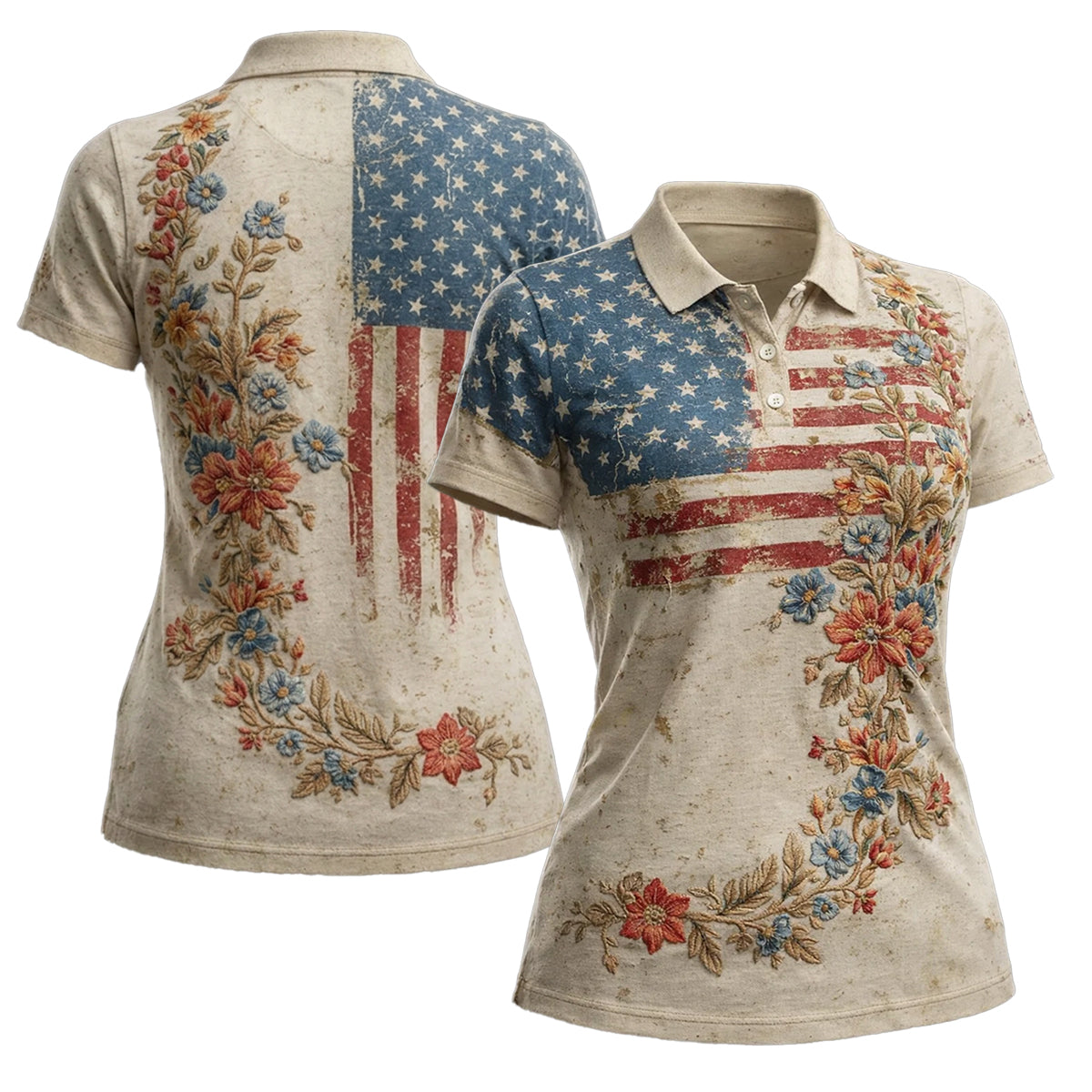 Golf Polo Shirt for Women, Vintage USA Floral Flag Design, Unique Golf Gift