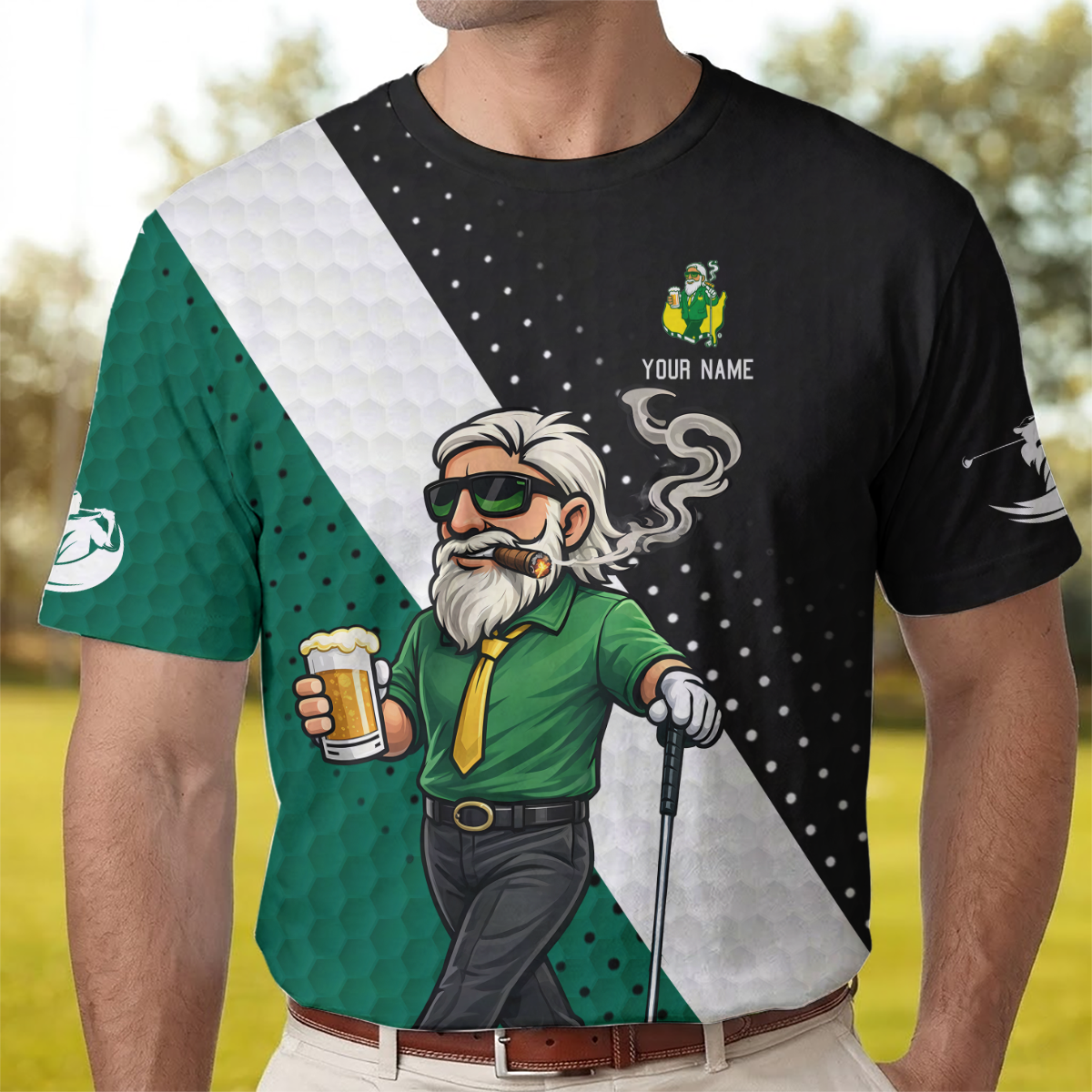 Personalized Golf Polo Shirt, Funny Golfer Drinking Beer Cartoon, Gift for Dad