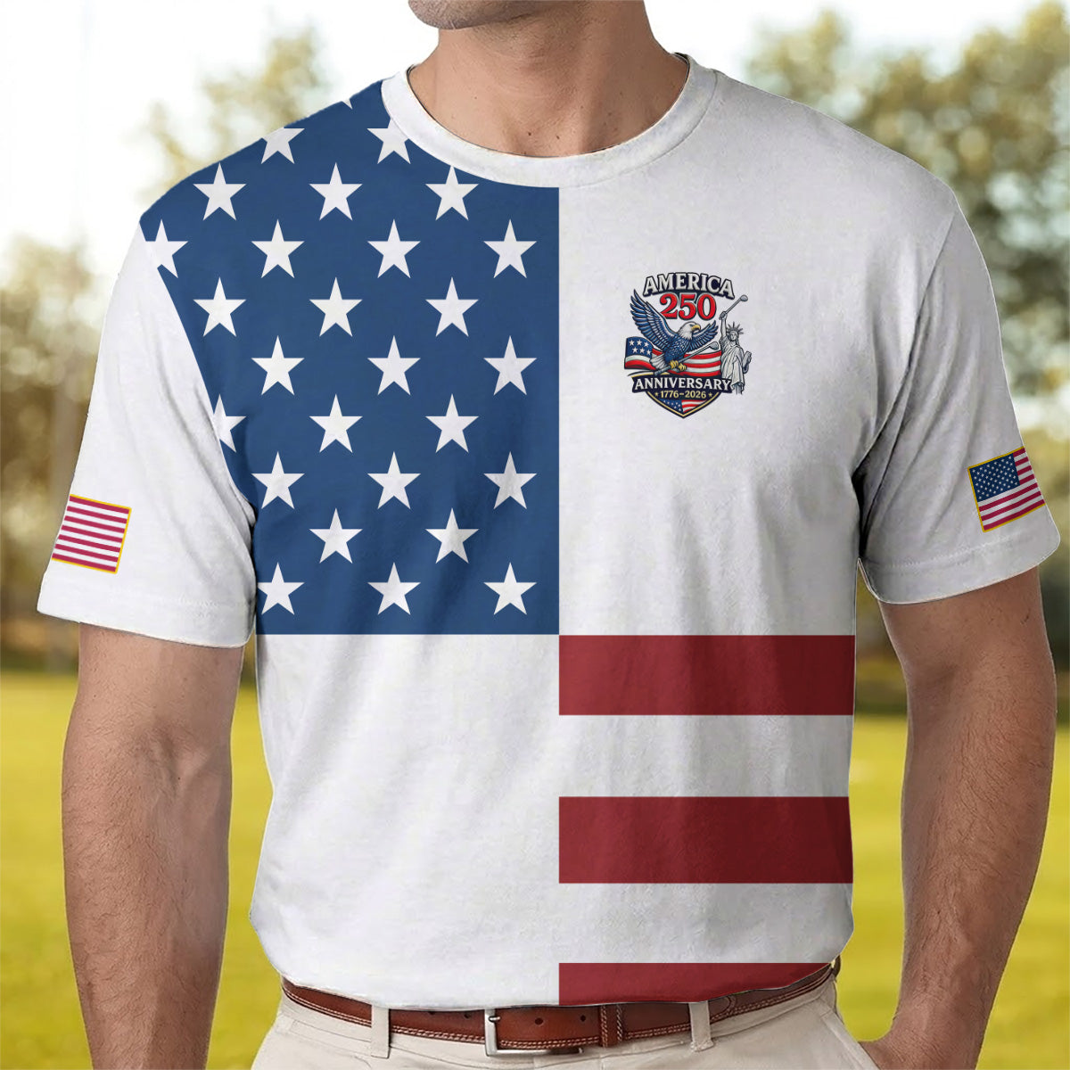 Golf Polo Shirt for Men, America 250 Anniversary Flag Design, Patriotic Golf Gift