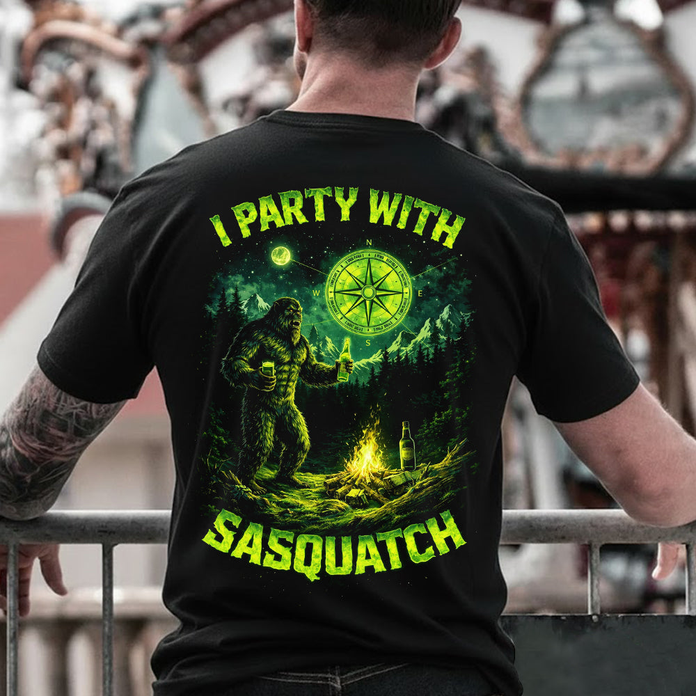 Sasquatch Party T-Shirt – “I Party With Sasquatch” Funny Bigfoot Camping Graphic Tee, Beer Campfire Night Outdoor Shirt