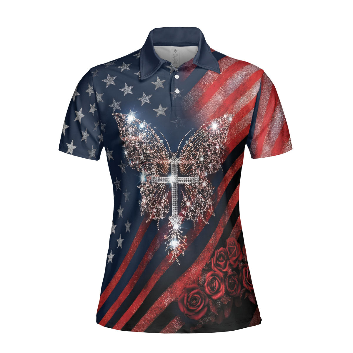 Golf Polo Shirt for Women, USA Butterfly Cross Rose Design, Unique Golf Gift