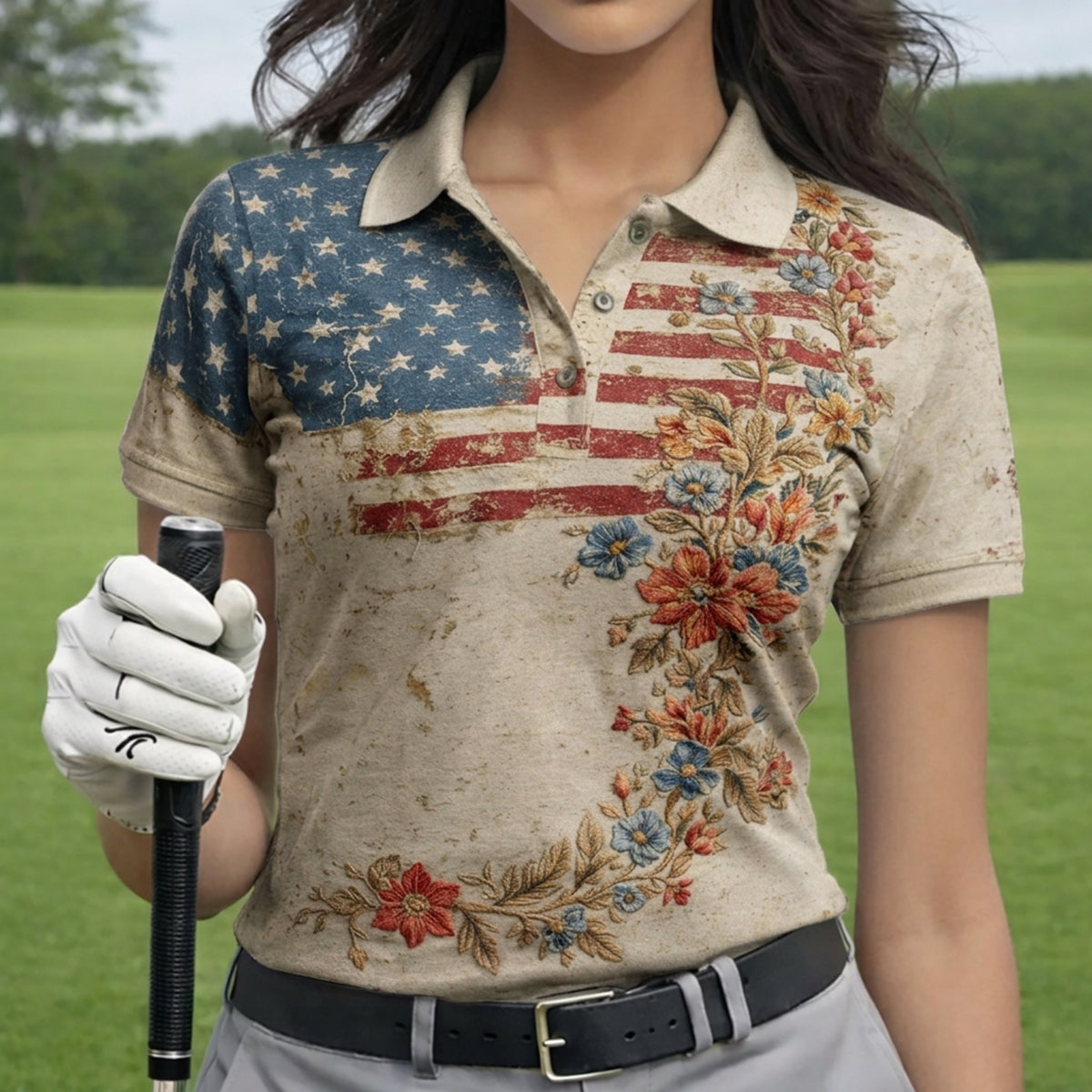 Golf Polo Shirt for Women, Vintage USA Floral Flag Design, Unique Golf Gift