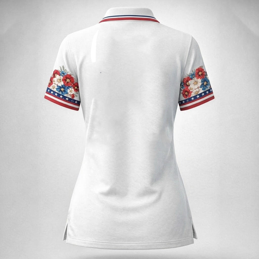 Golf Polo Shirt for Women, America 250 Floral Flag Design, Unique Golf Gift