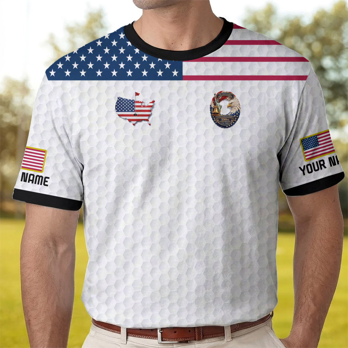 Custom USA Flag Golf Polo Shirt Golf Ball Texture Patriotic Performance