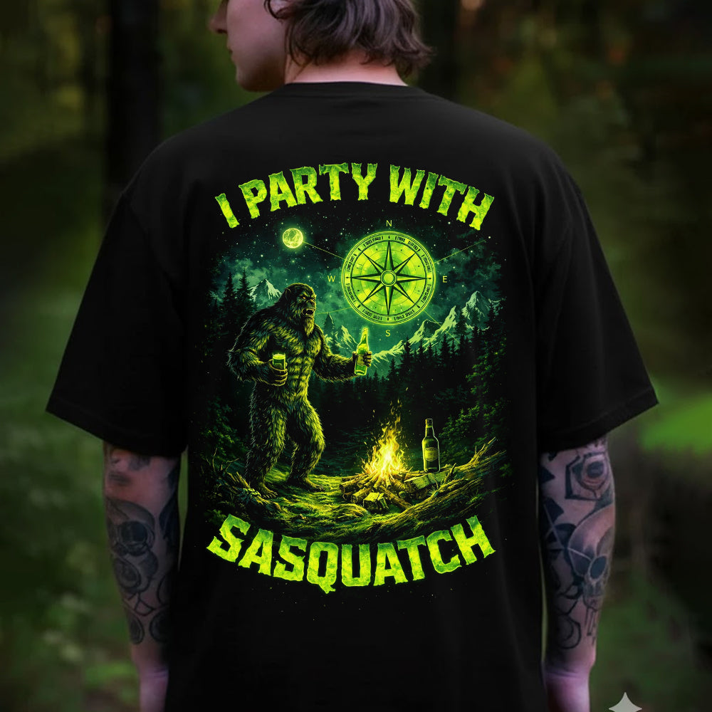 Sasquatch Party T-Shirt – “I Party With Sasquatch” Funny Bigfoot Camping Graphic Tee, Beer Campfire Night Outdoor Shirt