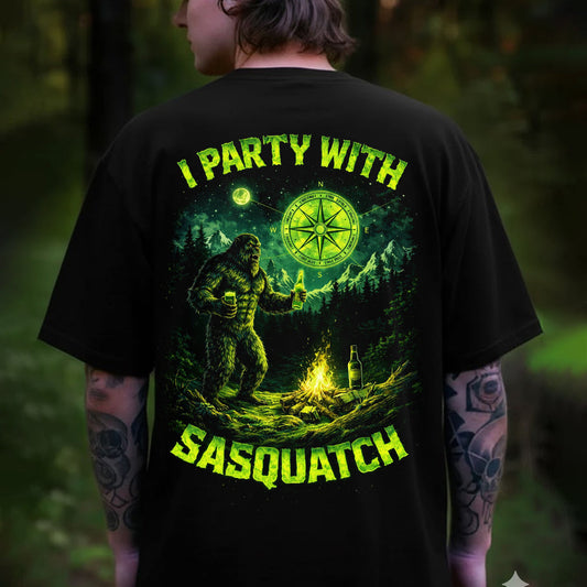 Sasquatch Party T-Shirt – “I Party With Sasquatch” Funny Bigfoot Camping Graphic Tee, Beer Campfire Night Outdoor Shirt