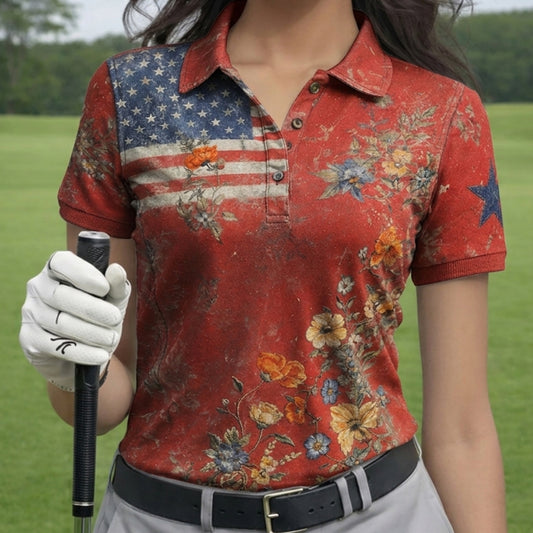 Golf Polo Shirt for Women, Vintage Floral USA Flag Design, Unique Golf Gift