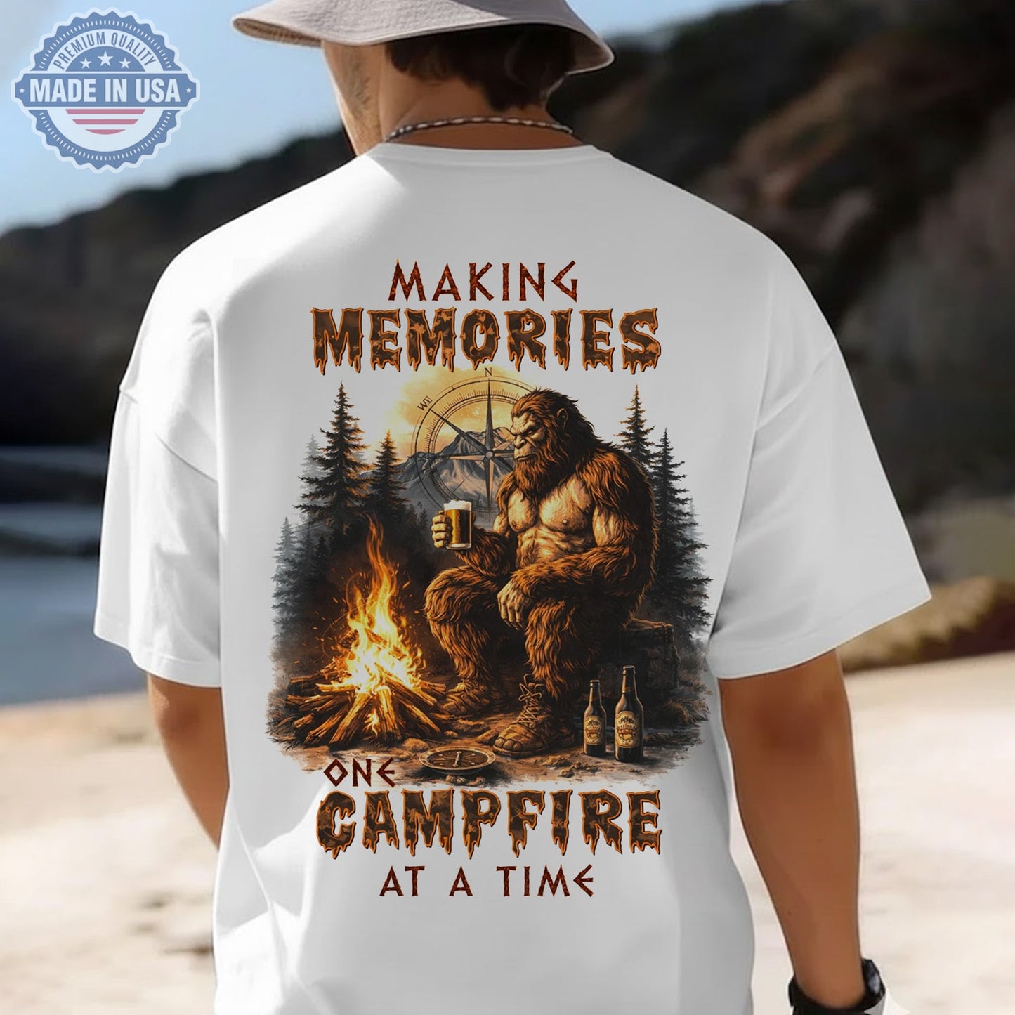 Making Memories Campfire T-Shirt – Bigfoot Beer Camping Graphic Tee, Rustic Sasquatch Outdoor Adventure Shirt, Nature Lover Gift