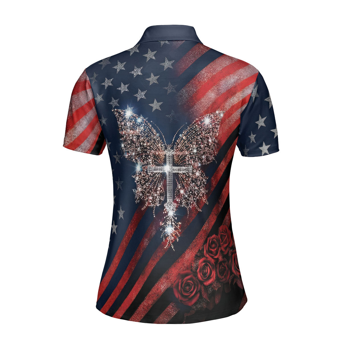 Golf Polo Shirt for Women, USA Butterfly Cross Rose Design, Unique Golf Gift