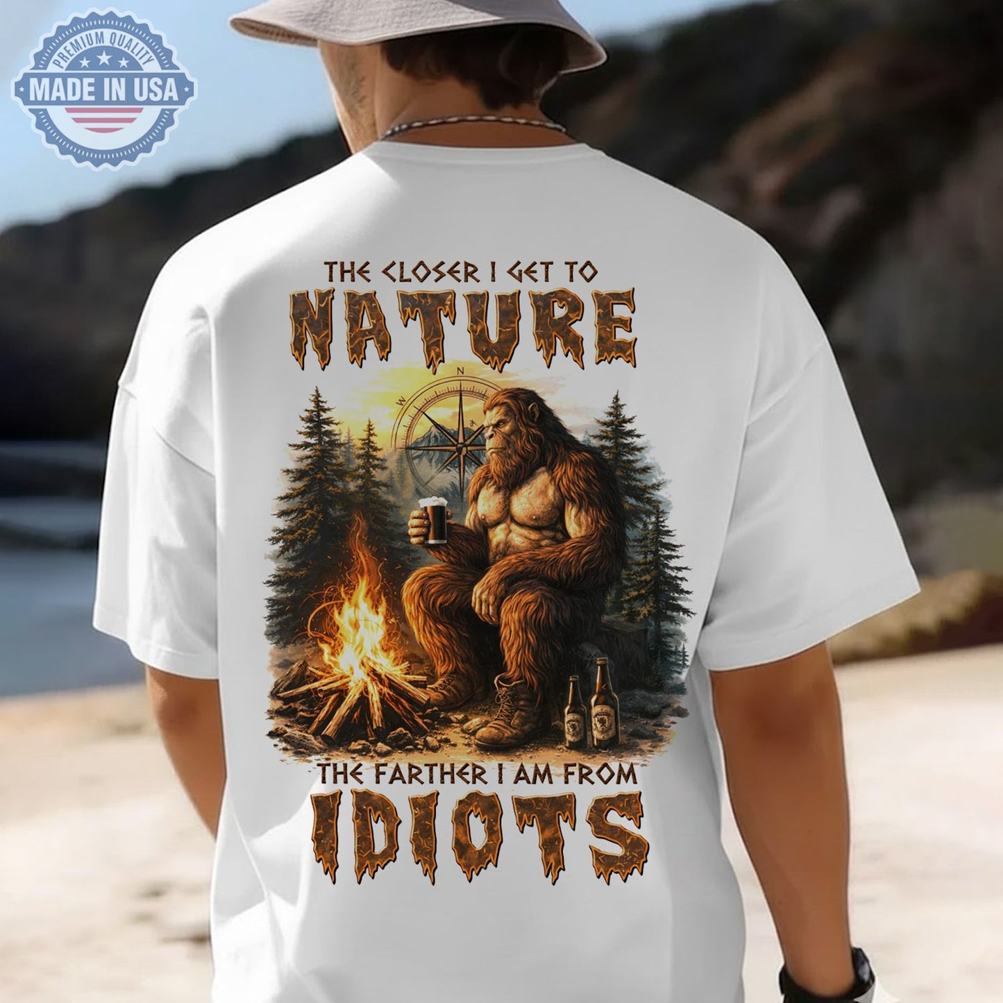 Funny Bigfoot Camping T-Shirt – “The Closer I Get to Nature” Sasquatch Beer Campfire Graphic Tee, Outdoor Humor Shirt