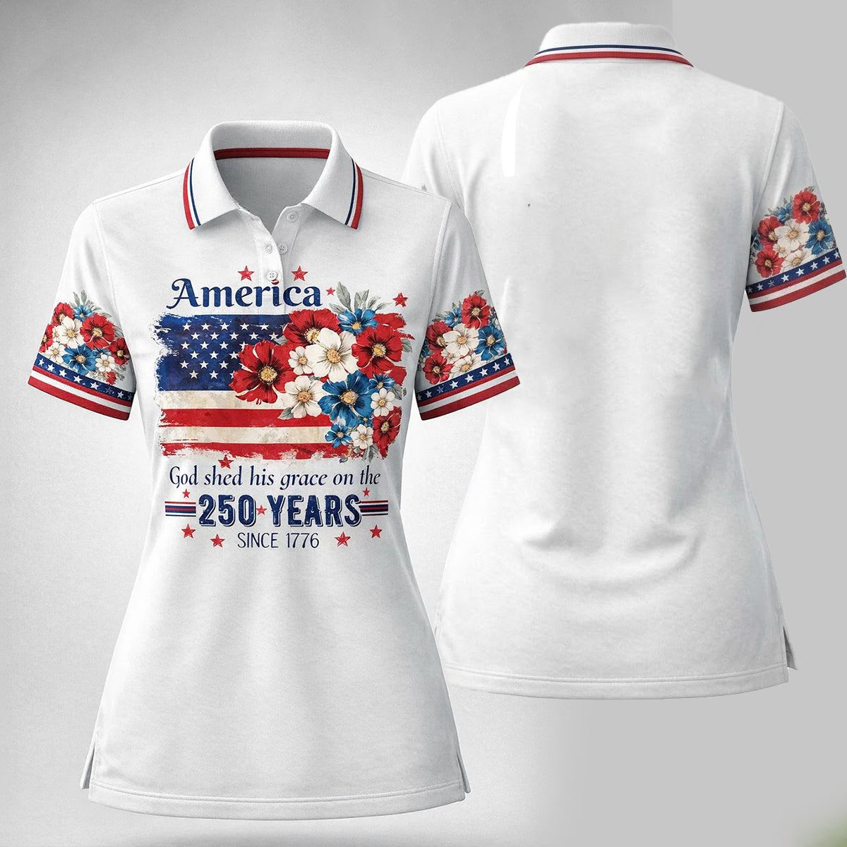 Golf Polo Shirt for Women, America 250 Floral Flag Design, Unique Golf Gift