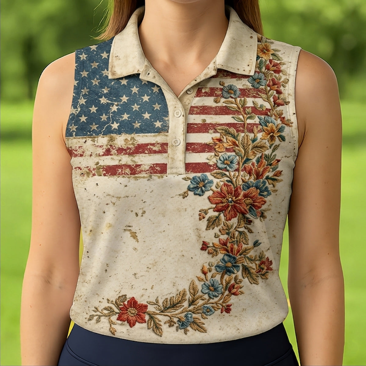Golf Polo Shirt for Women, Vintage USA Floral Flag Design, Unique Golf Gift