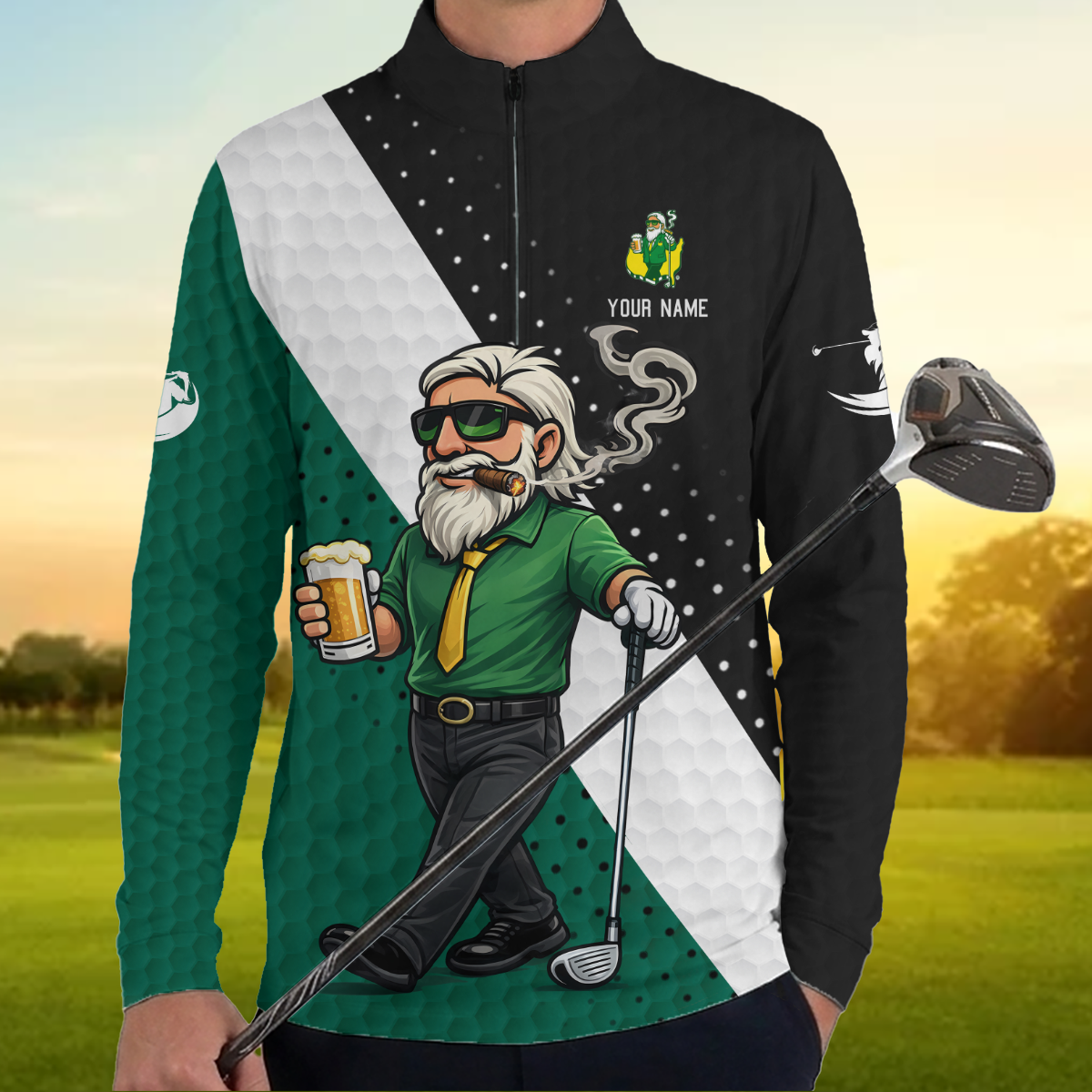 Personalized Golf Polo Shirt, Funny Golfer Drinking Beer Cartoon, Gift for Dad