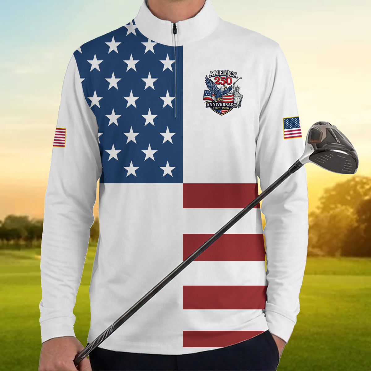 Golf Polo Shirt for Men, America 250 Anniversary Flag Design, Patriotic Golf Gift
