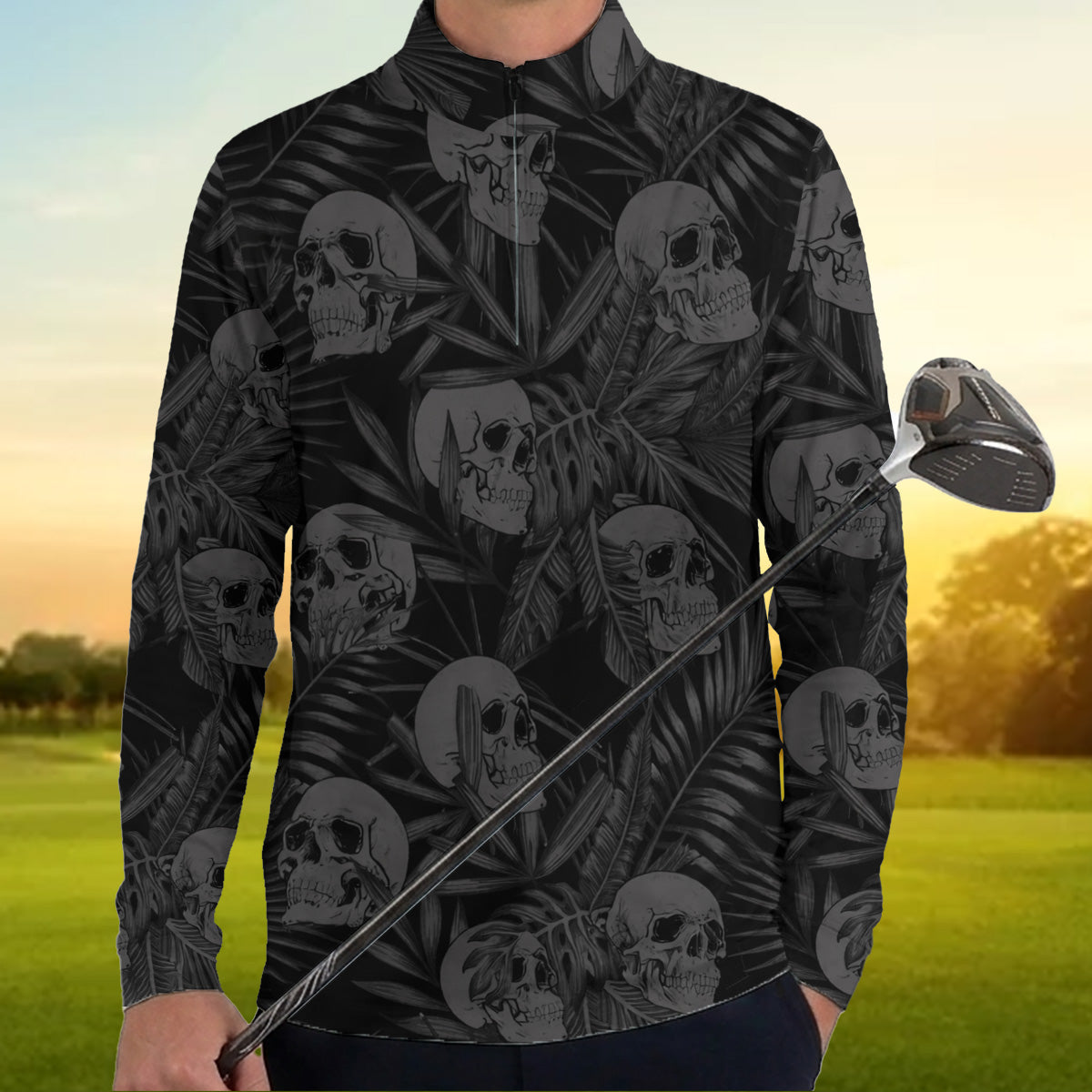 Golf Polo Shirt for Men, Skull Pattern All Over Print, Unique Golf Gift