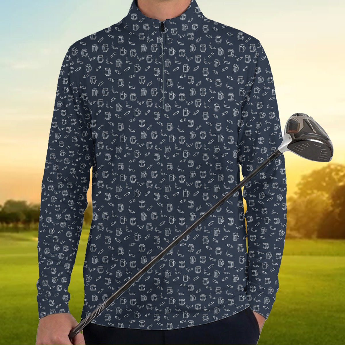 Golf Polo Shirt for Men, Beer Mug and Cigar Pattern Golf Shirt, Unique Golf Gift for Dad