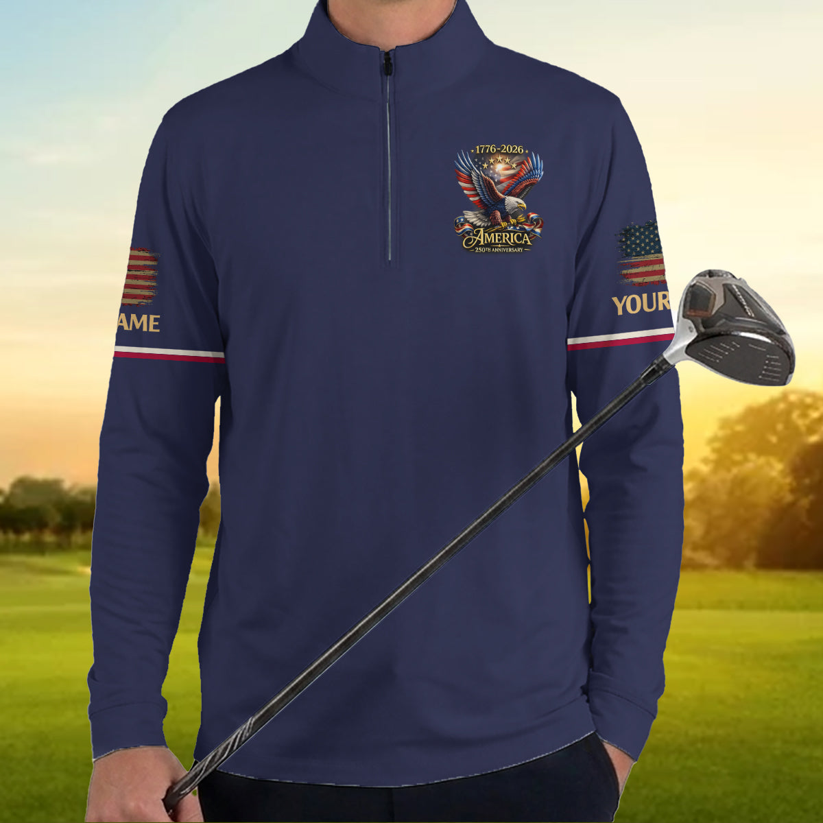 Personalized Golf Polo Shirt for Men, USA Eagle 250th Anniversary, Custom Name Patriotic Golf Gift
