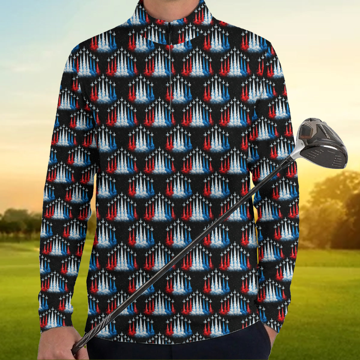 Patriotic Golf Polo Shirt USA Jet Print Breathable Performance Men