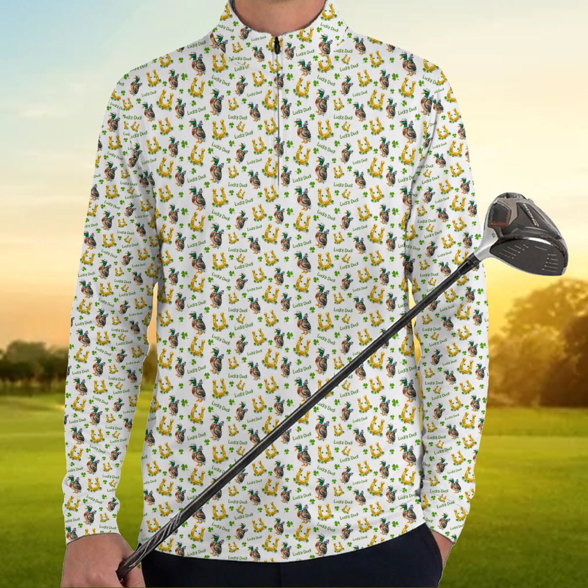 Golf Polo Shirt for Men, Lucky Duck Golf Pattern Shirt, Unique Golf Gift for Dad
