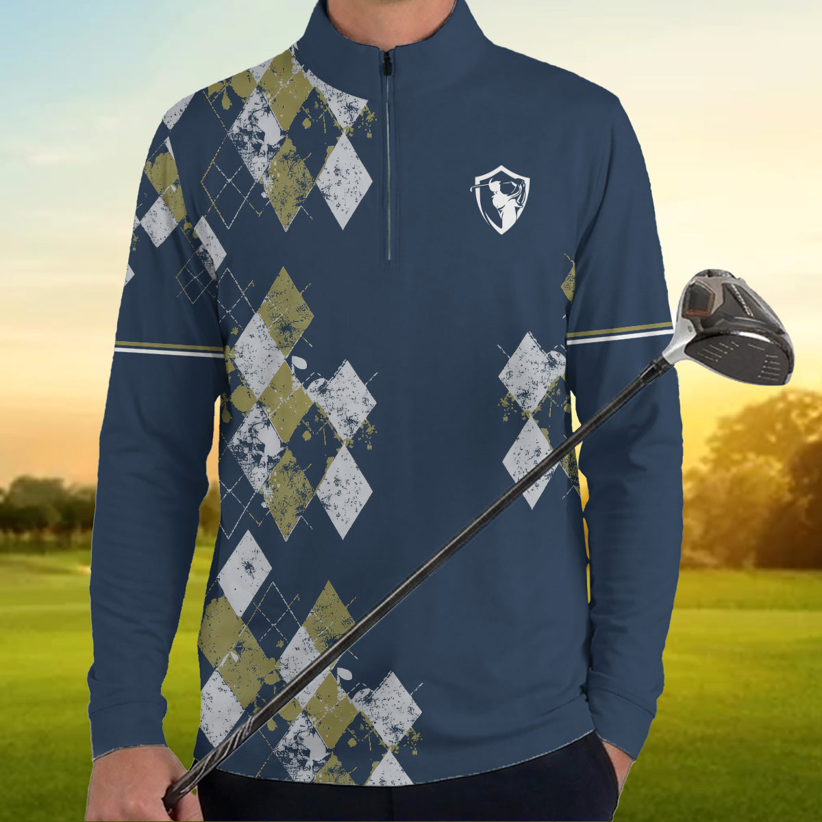 Golf Polo Shirt for Men, Argyle Pattern AOP Design, Unique Golf Gift