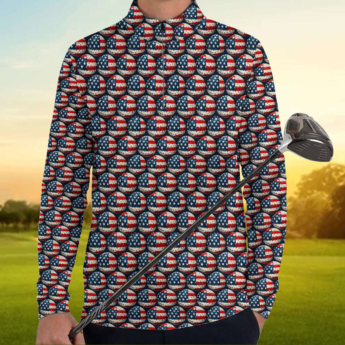 USA Flag Golf Ball Print Polo Shirt Patriotic Performance Golf Shirt