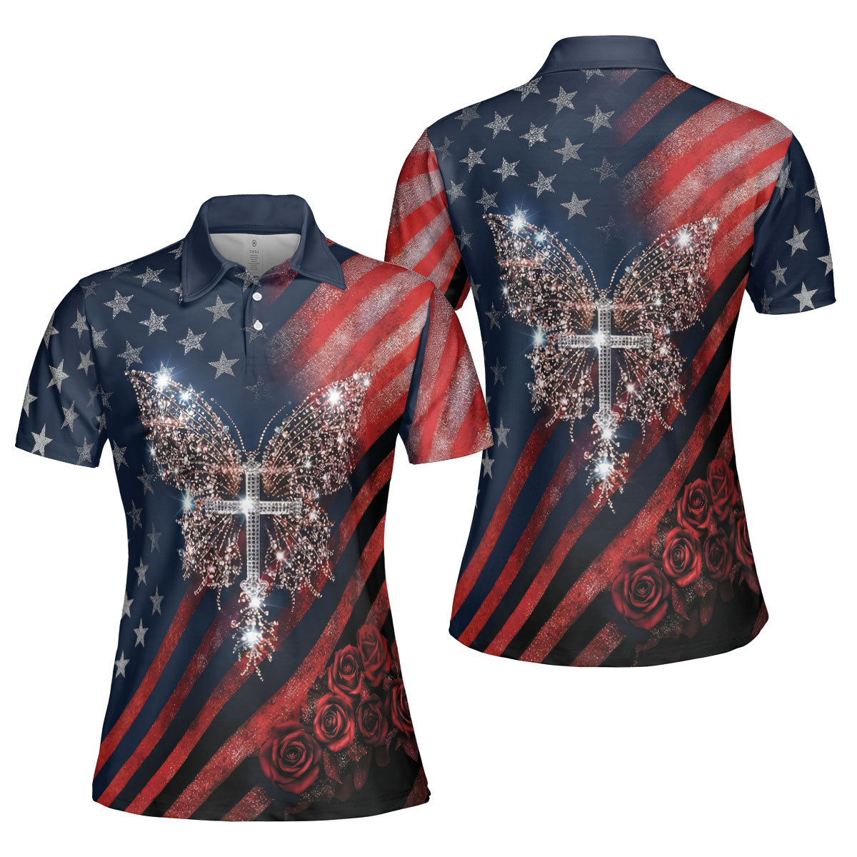Golf Polo Shirt for Women, USA Butterfly Cross Rose Design, Unique Golf Gift
