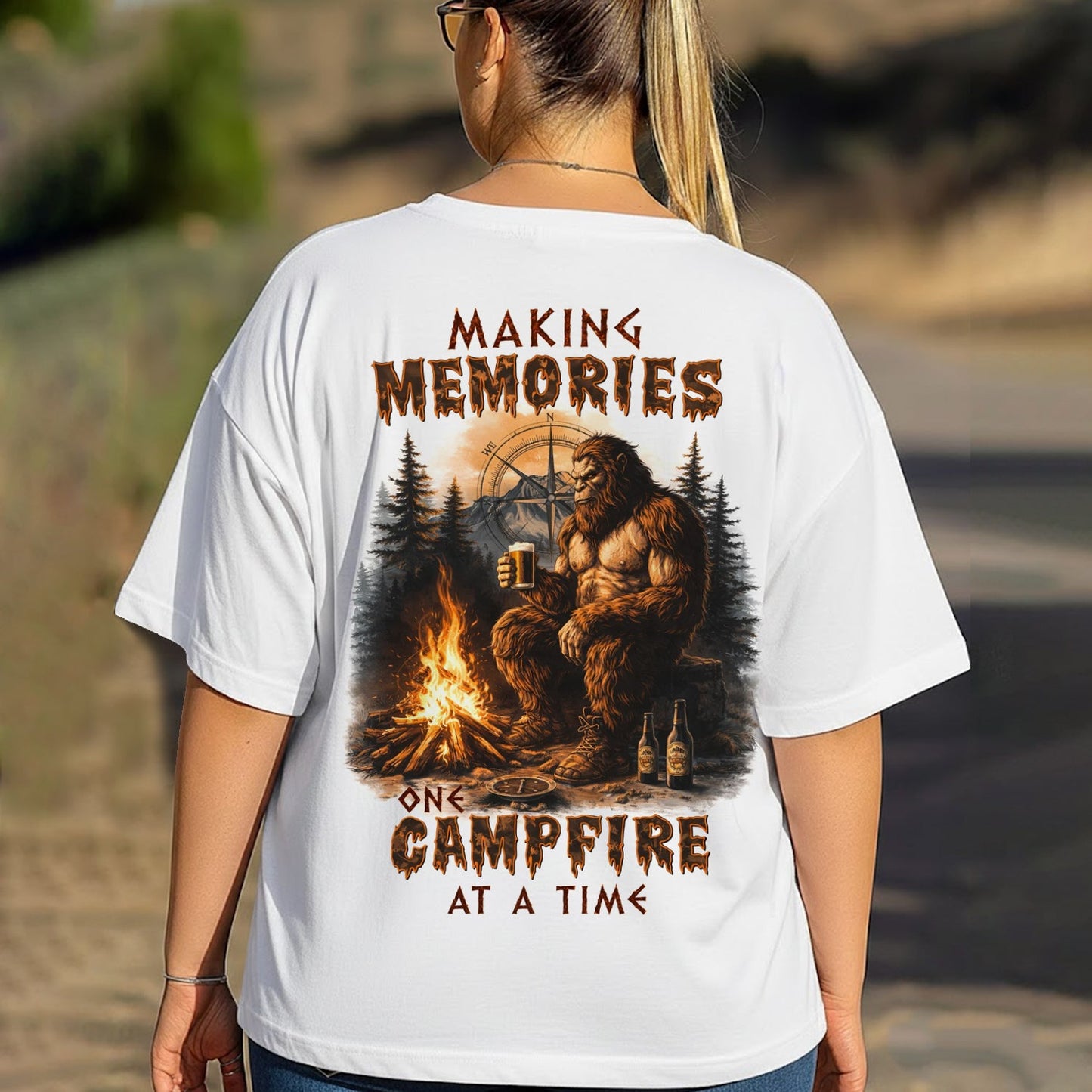 Making Memories Campfire T-Shirt – Bigfoot Beer Camping Graphic Tee, Rustic Sasquatch Outdoor Adventure Shirt, Nature Lover Gift