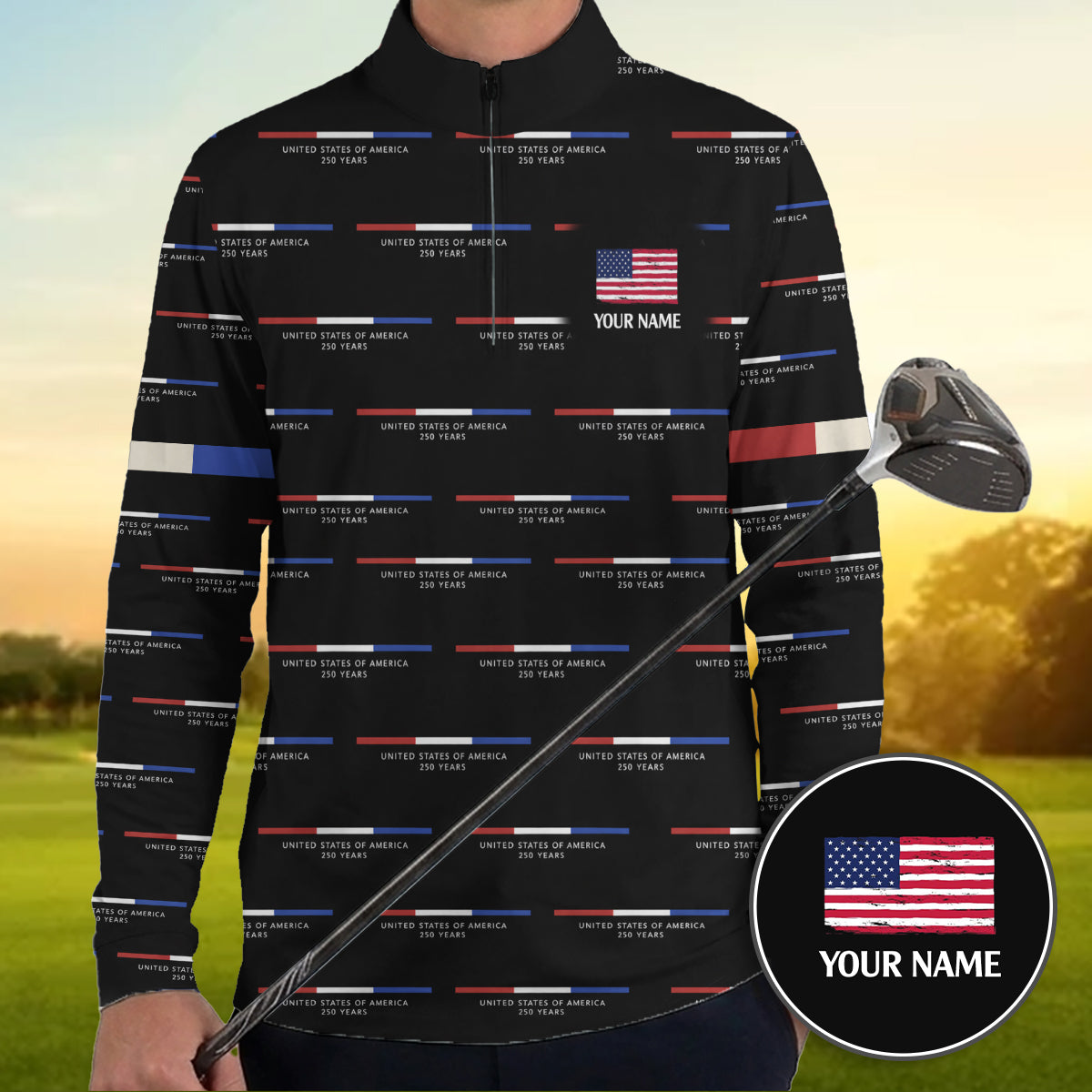 USA 250th Anniversary Golf Polo Shirt Custom Name Patriotic Men