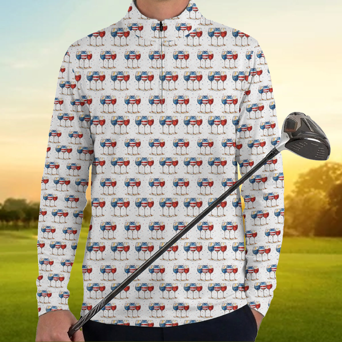 Patriotic Wine Glass Golf Polo USA Party Print Performance Shirt