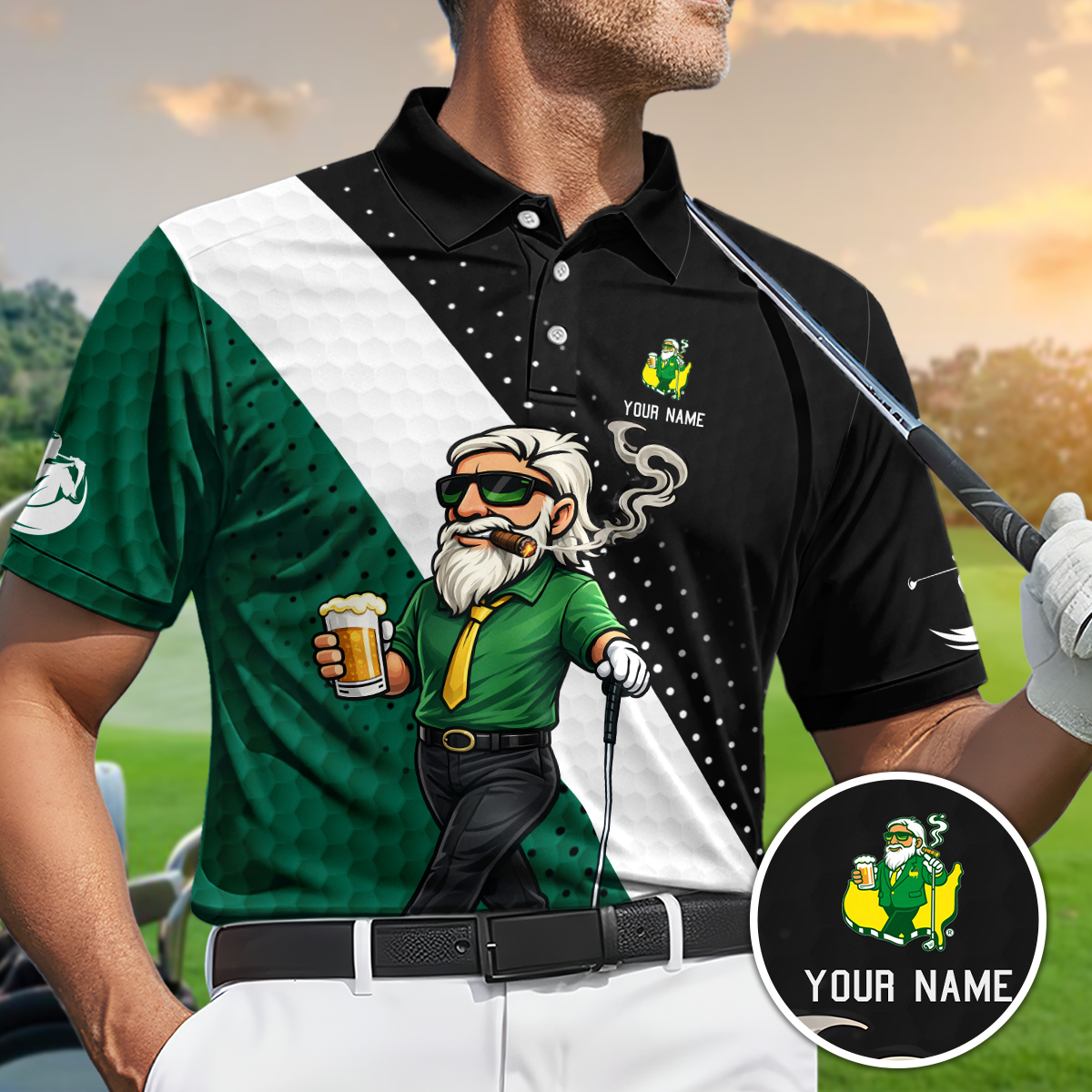 Personalized Golf Polo Shirt, Funny Golfer Drinking Beer Cartoon, Gift for Dad