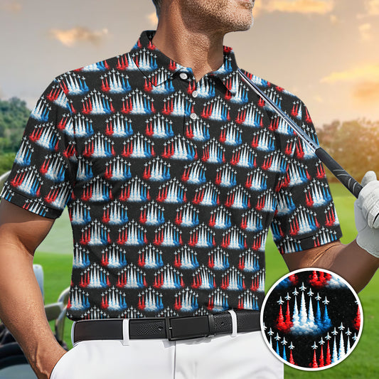 Patriotic Golf Polo Shirt USA Jet Print Breathable Performance Men