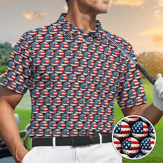 USA Flag Golf Ball Print Polo Shirt Patriotic Performance Golf Shirt