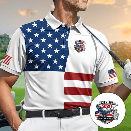 Golf Polo Shirt for Men, America 250 Anniversary Flag Design, Patriotic Golf Gift