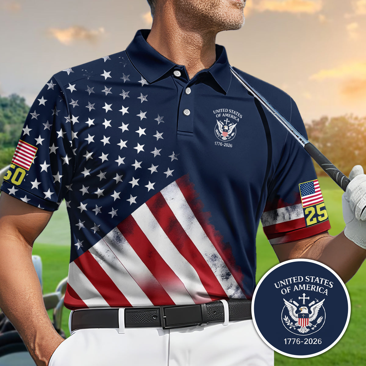 Golf Polo Shirt for Men, USA 250th Anniversary Shirt, Patriotic Golf Polo
