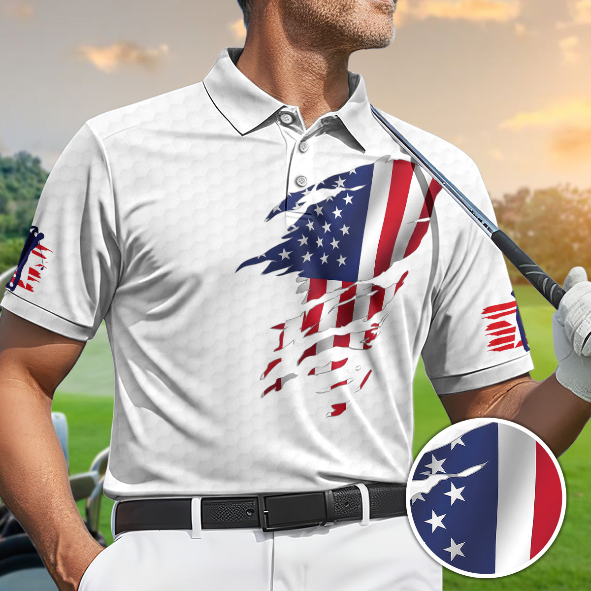 Golf Polo Shirt for Men, Patriotic Flag Print, USA Club Graphic