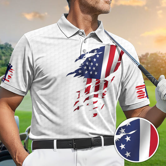 Golf Polo Shirt for Men, Patriotic Flag Print, USA Club Graphic