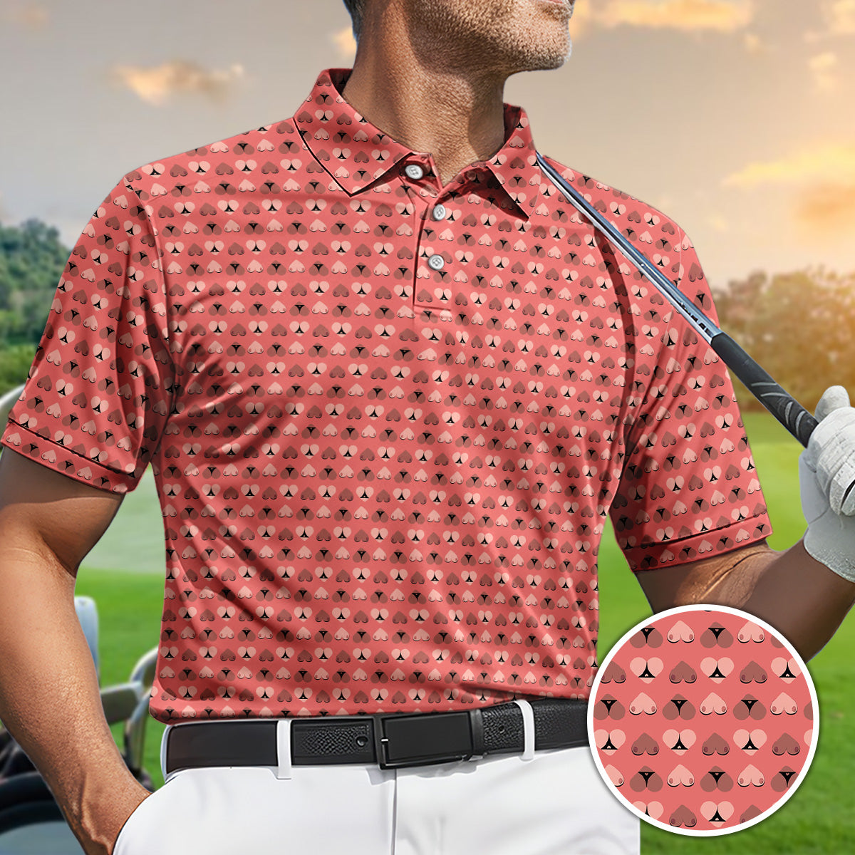 Golf Polo Shirt for Men, Funny Heart Pattern, Unique Golf Gift