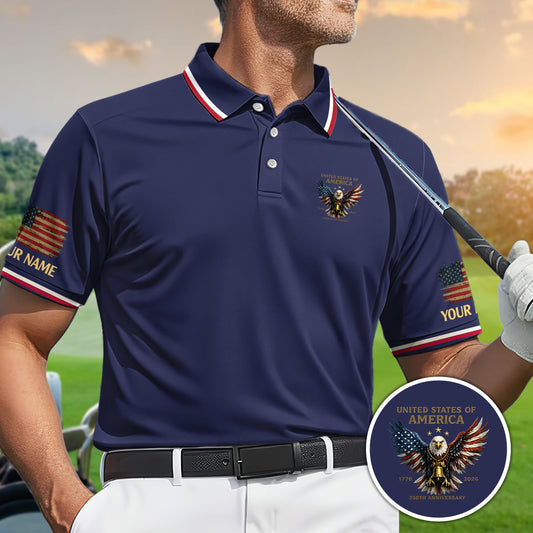 Personalized Patriotic USA Eagle 250 Golf Polo Custom Name Performance Shirt