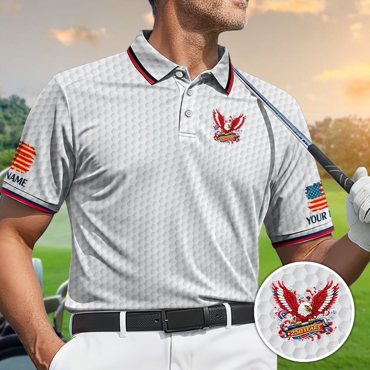 Personalized Eagle 250 Years Golf Polo, Patriotic USA Golf Shirt Men, Unique Golf Gift Dad