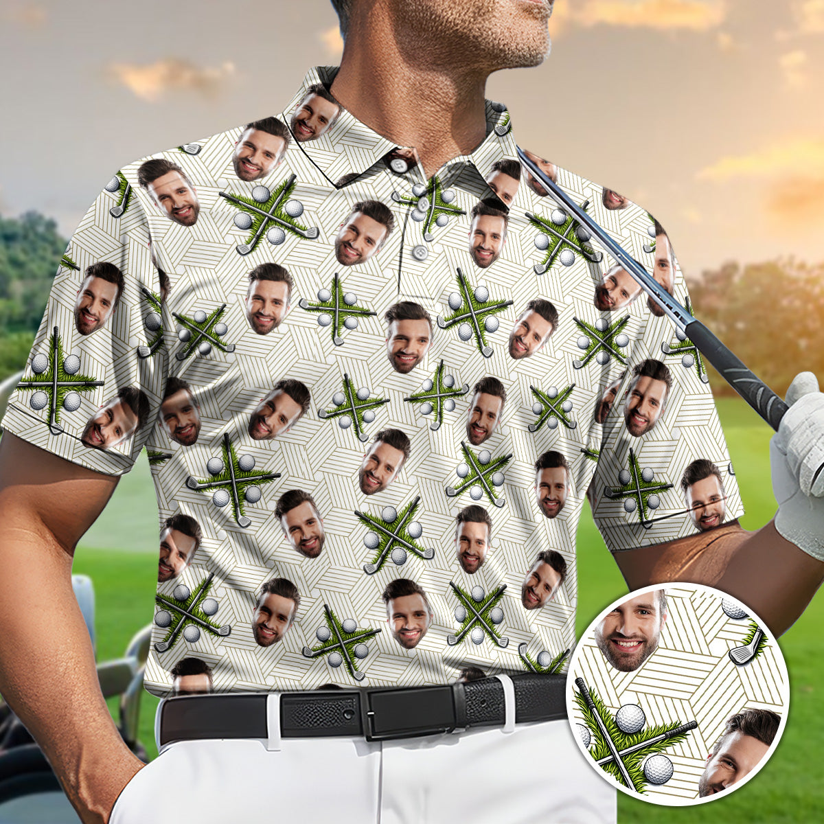 Personalized Photo Golf Shirt with Golf Cart Pattern, Golf Polo Shirt, Unique Golf Gift for Dad