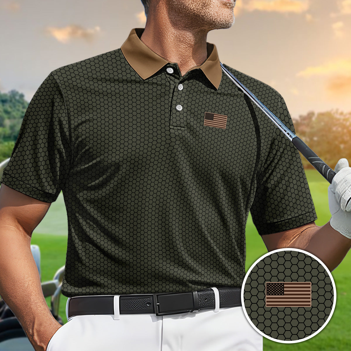 Golf Polo Shirt for Men, Honeycomb Flag Patch, Patriotic Golf Top