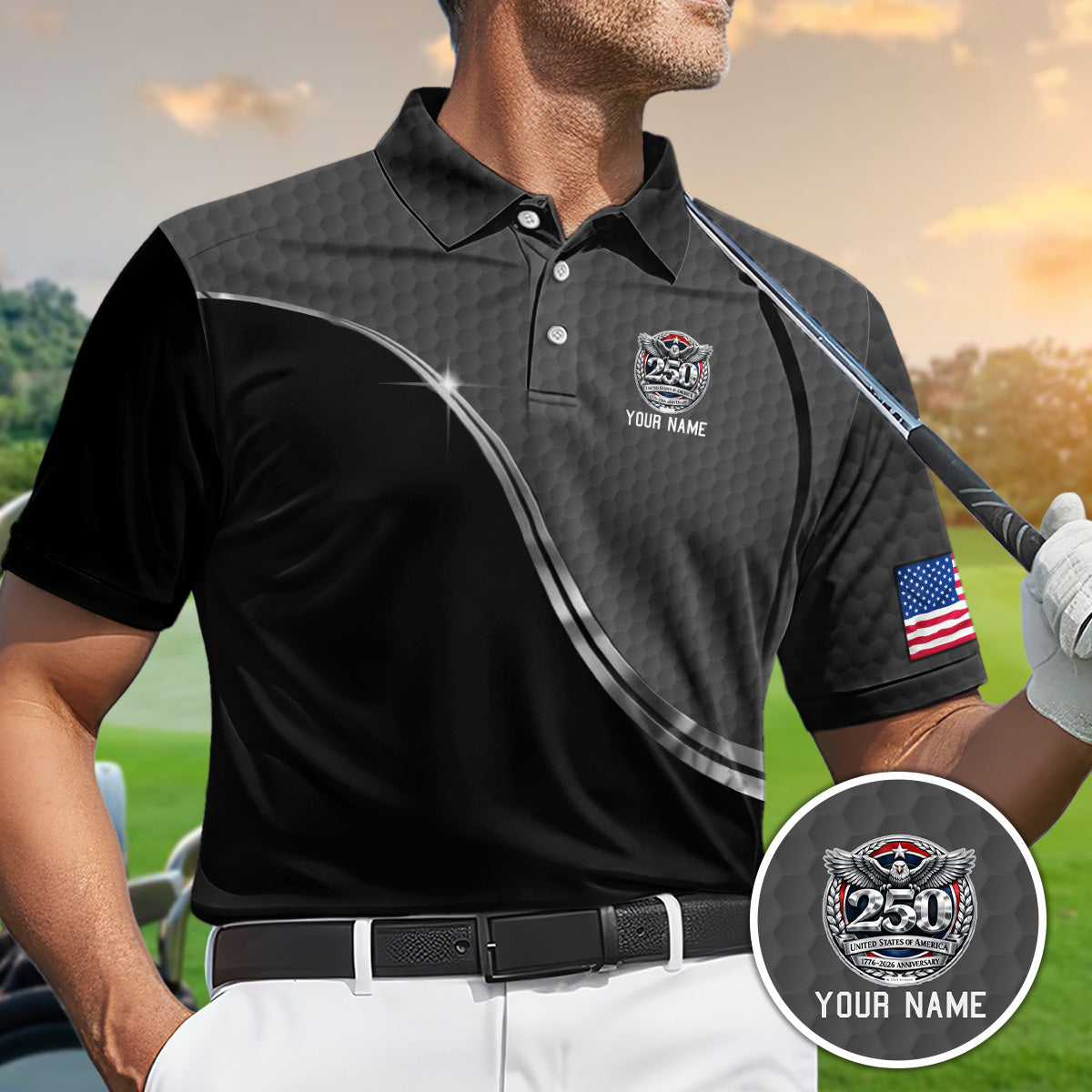 Personalized Golf Polo Shirt for Men, USA 250 Eagle Emblem, Custom Name Patriotic Gift