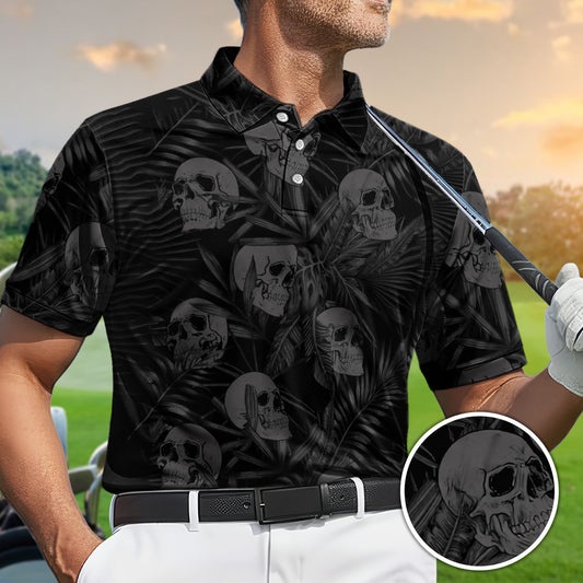 Golf Polo Shirt for Men, Skull Pattern All Over Print, Unique Golf Gift