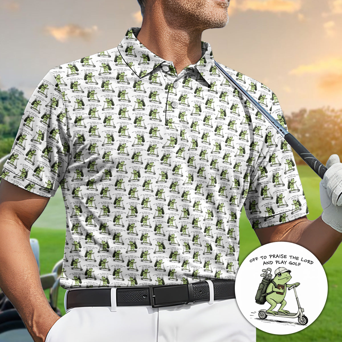 Golf Polo Shirt for Men, Funny Frog Golf Cartoon Pattern Shirt, Unique Golf Gift for Dad
