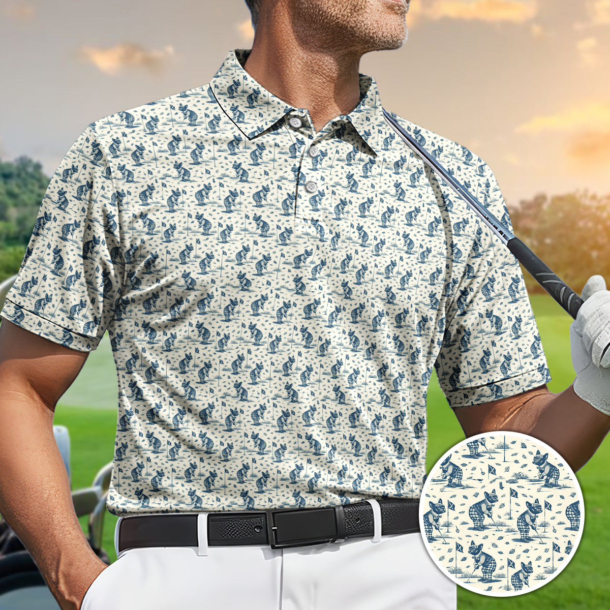 Golf Polo Shirt for Men, French Bulldog Golf Pattern Shirt, Unique Golf Gift for Dad