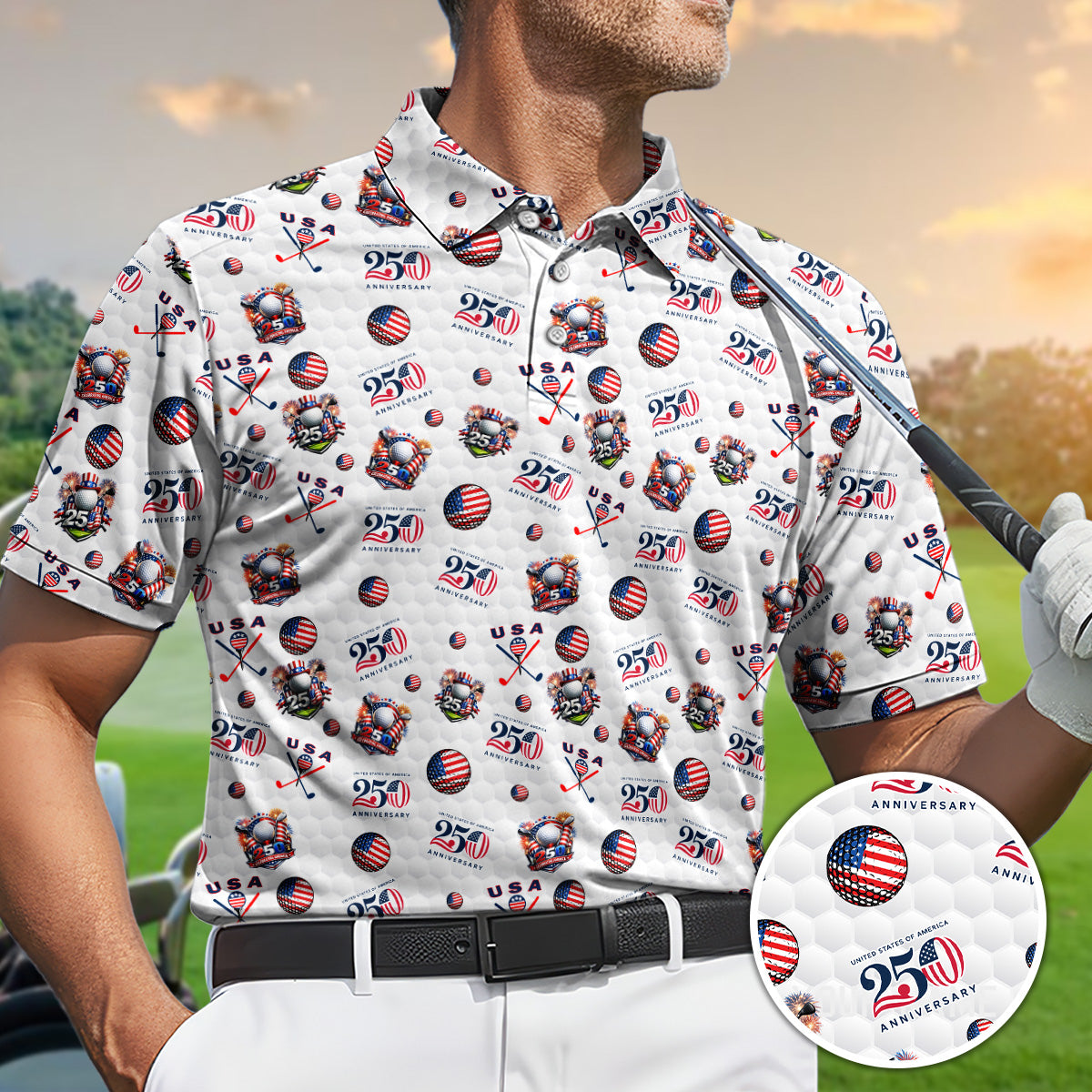 Golf Polo Shirt for Men, USA 250 Anniversary Golf Pattern, Patriotic Golf Gift