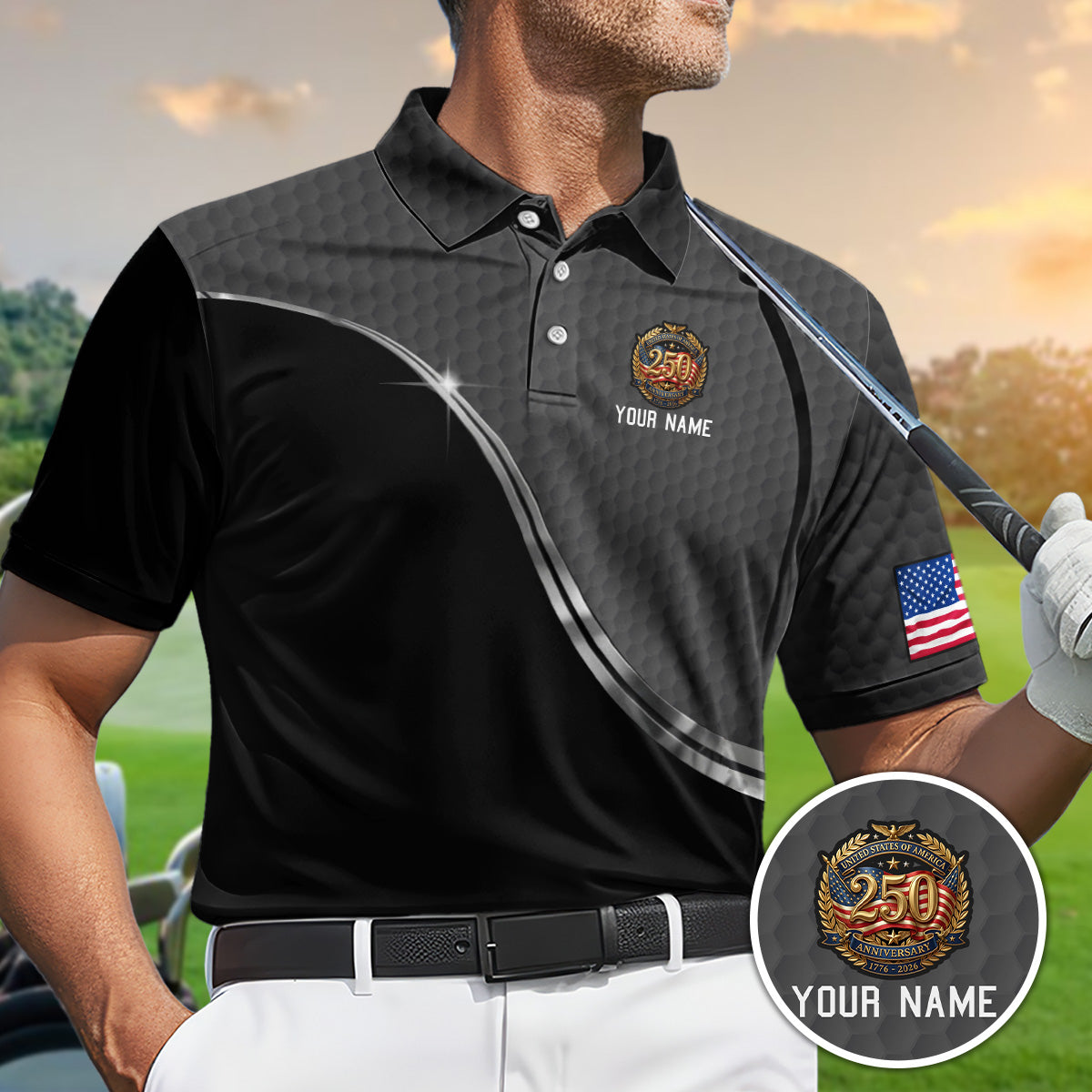 Personalized Golf Polo Shirt for Men, USA 250 Anniversary Crest, Custom Name Patriotic Gift
