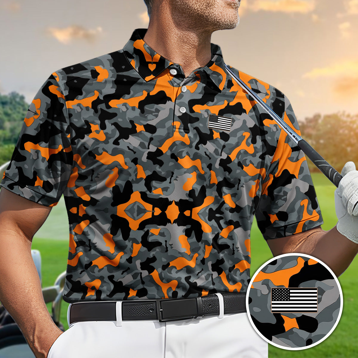 Golf Polo Shirt for Men, Camo USA Flag Patch, Patriotic Golf Top