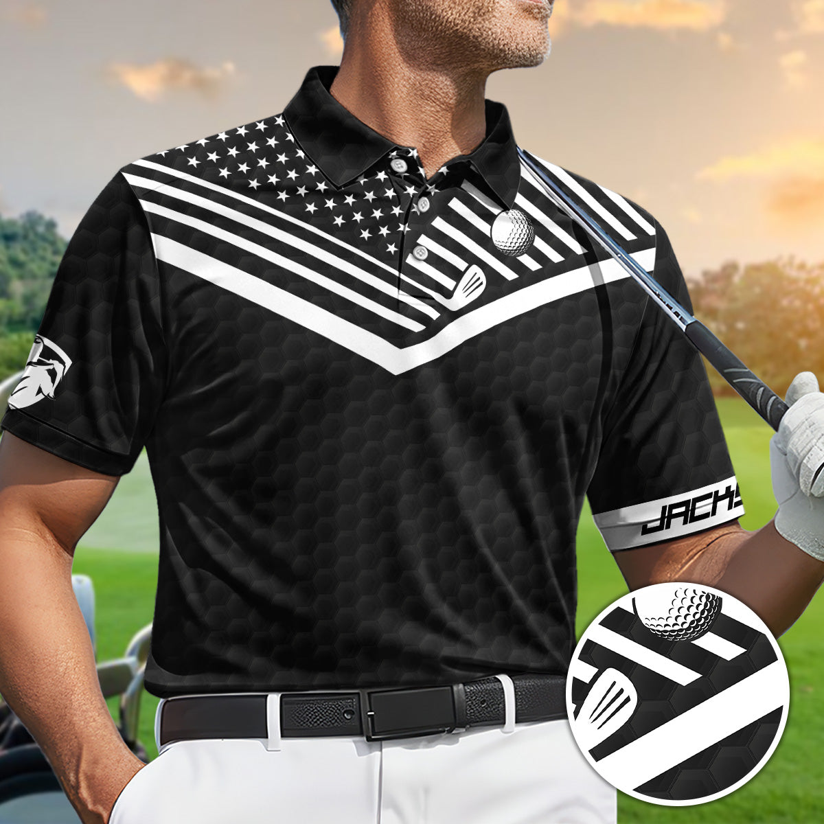Personalized Golf Polo Shirt for Men, USA Flag Swing Quote, Funny Golf Gift